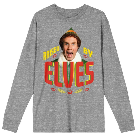 Elf Movie Buddy Raised By Elves Women's Heather Gray Long Sleeve Crew Neck Tee-3XL