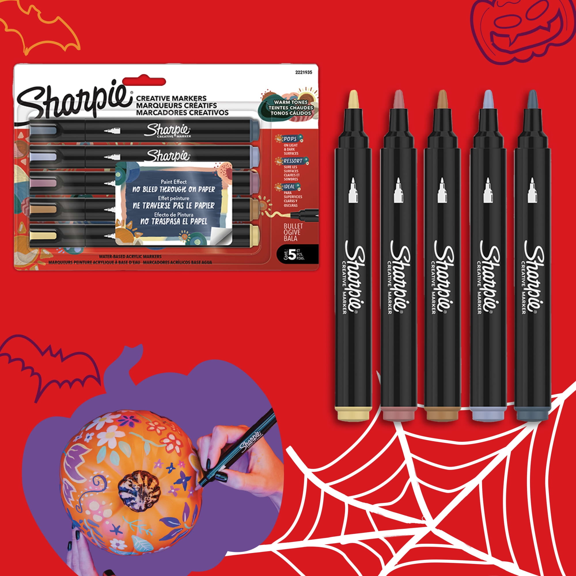 Sharpie Creative Markers, Warm Tones, Water-Based Acrylic Markers, Bullet Tip, Assorted Colors, 5 Count