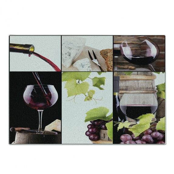 Wine Cutting Board, Wine Collage with Cask Bottle Wineglass Grape Gourmet Taste Beverage, Decorative Tempered Glass Cutting and Serving Board, Small Size, Pale Green Burgundy, by Ambesonne
