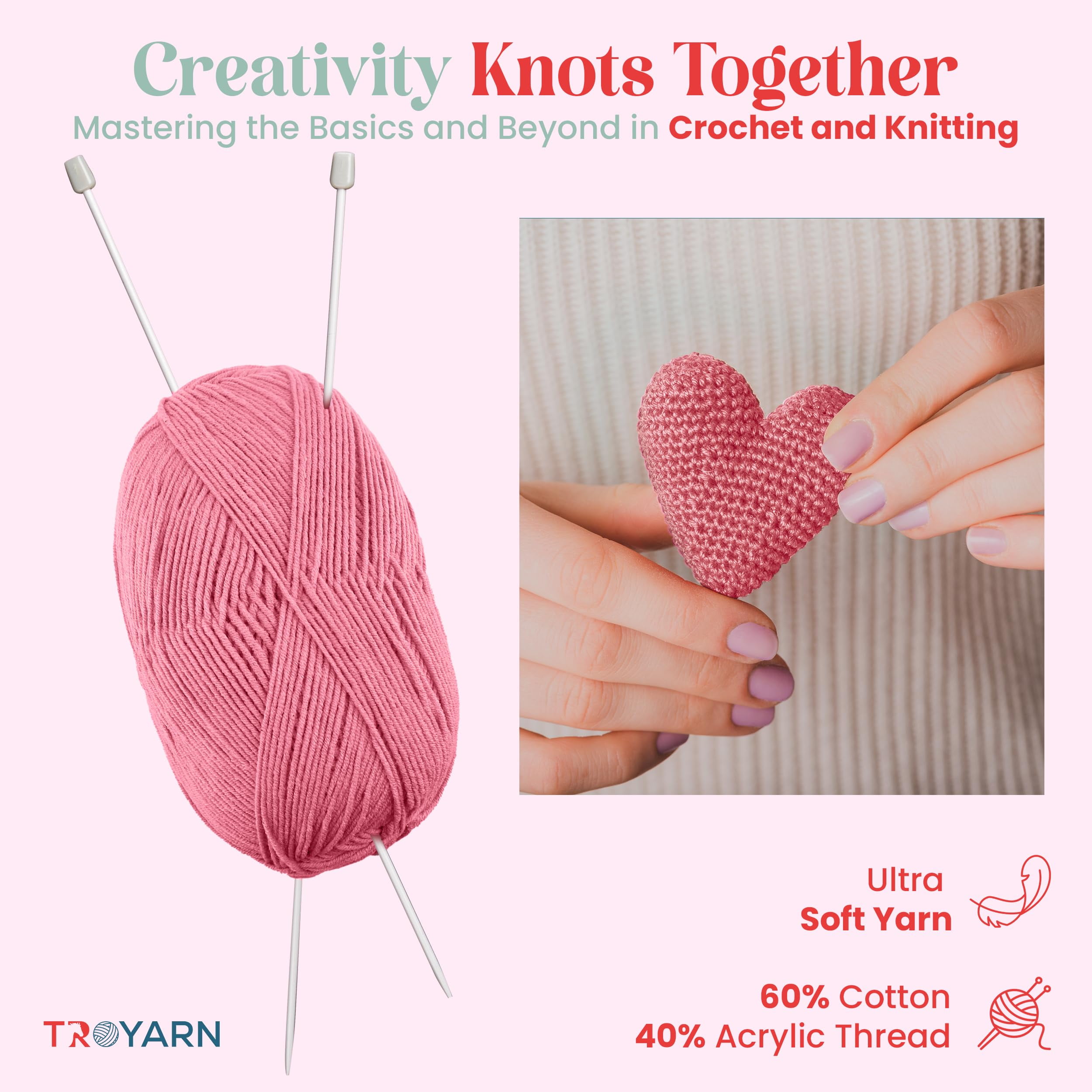 60% Cotton 40% Acrylic Crochet Yarn - 3 Skien Bulk Yarn - Pink, Soft Fine/Sport Yarn for Crocheting/Knitting Yarn - Ideal for Amigurumi Dolls and Baby Garments