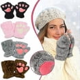 thumbnail image 1 of Women Bear Plush Cat Paw Claw Gloves Winter Faux Fur Fingerless Mittens Gloves, 1 of 4