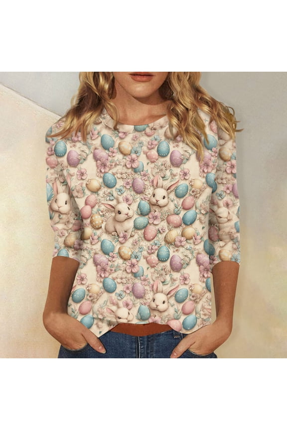 Easter Women's 3/4 Sleeve Sweaters, Cute Bunny Printed Crew Neck Womens Tops, Spring Going Out Shirts for Women, Ideal Easter Wear & Gifts
