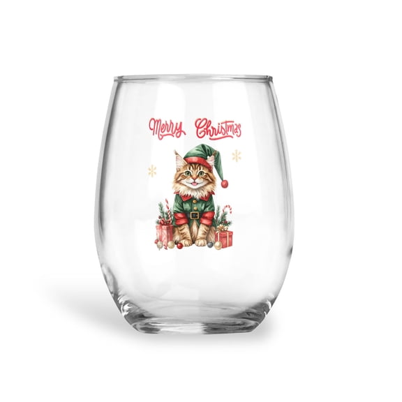 Merry Christmas Meowy Catmas Xmas Noel Maine Coon Elf Candy Cane Snow 15oz Stemless Wine Glass Mug Cat Lover Kitten Owner Gifts Wine Glasses Cup - 13017
