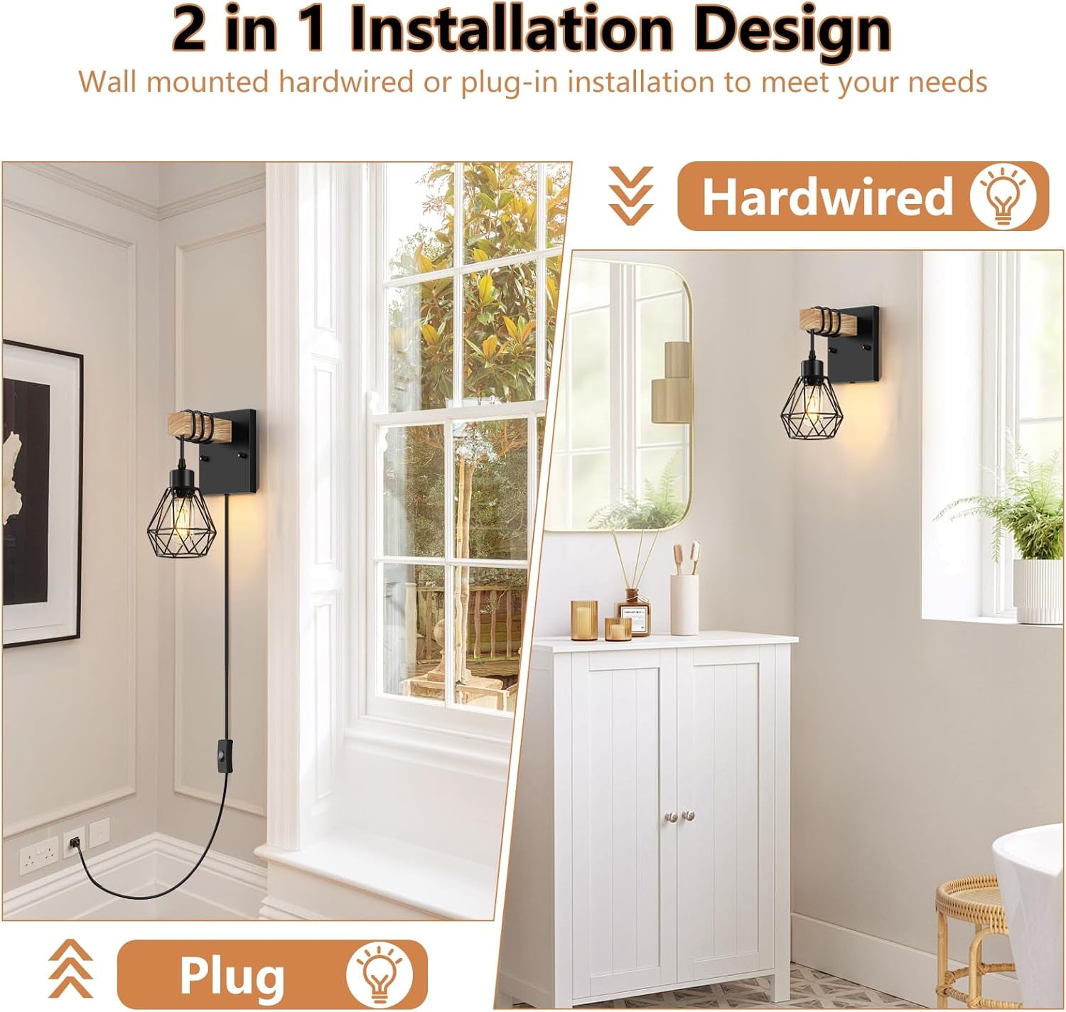 Plug in Wall Sconces Set of 2 Wood Light Fixtures Industrial Farmhouse Wall Lamps with 5.25FT on/off Switch Cord for Bedroom Living Room