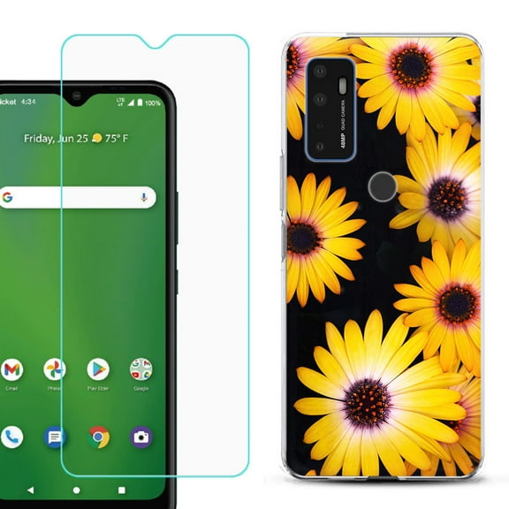 Shockproof Bumper Phone Case for AT&T Radiant Max 5G / Fusion 5G, with Tempered Glass Screen Protector, by OneToughShield ® - Yellow Flower