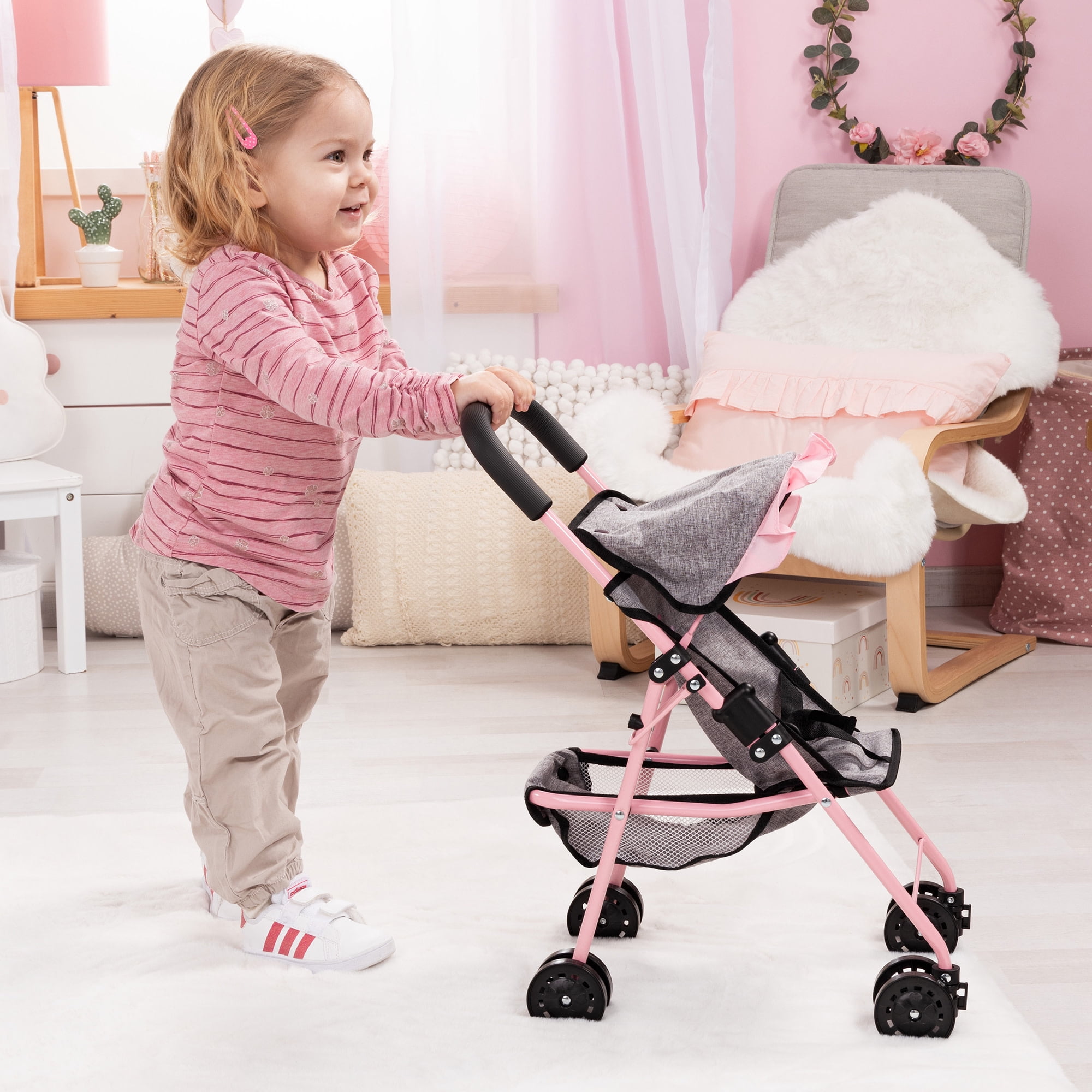 Bayer Design: Doll Buggy - Grey-Soft Pink-Butterfly - Handbag, Folding Play Stroller For Dolls Up To 16", Sunshade, Swivel Wheels, Seat Belt, Kids 3+