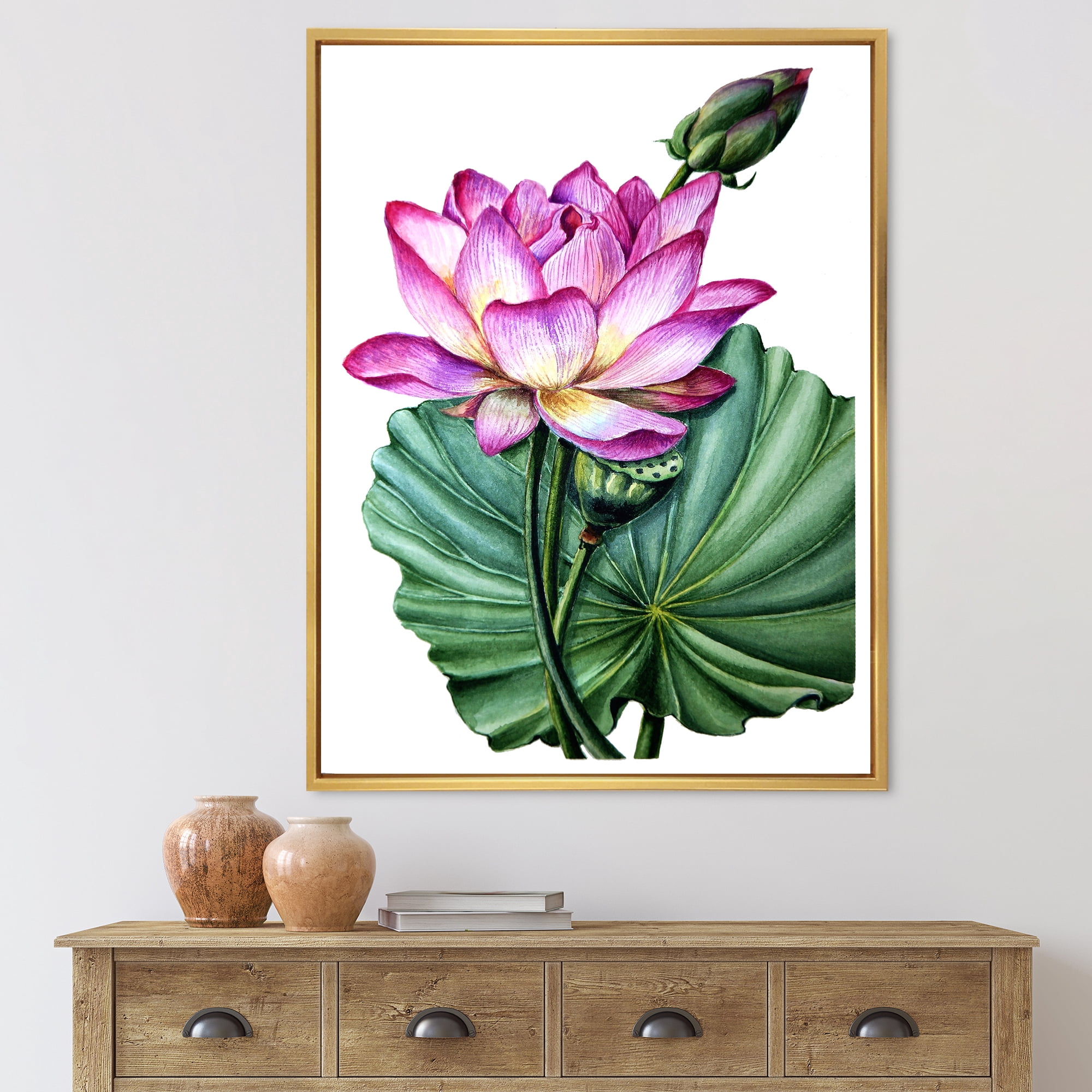 Ancient Pink Lotuses In The Pond VI 16 in x 32 in Framed Painting Canvas Art Print, by Designart
