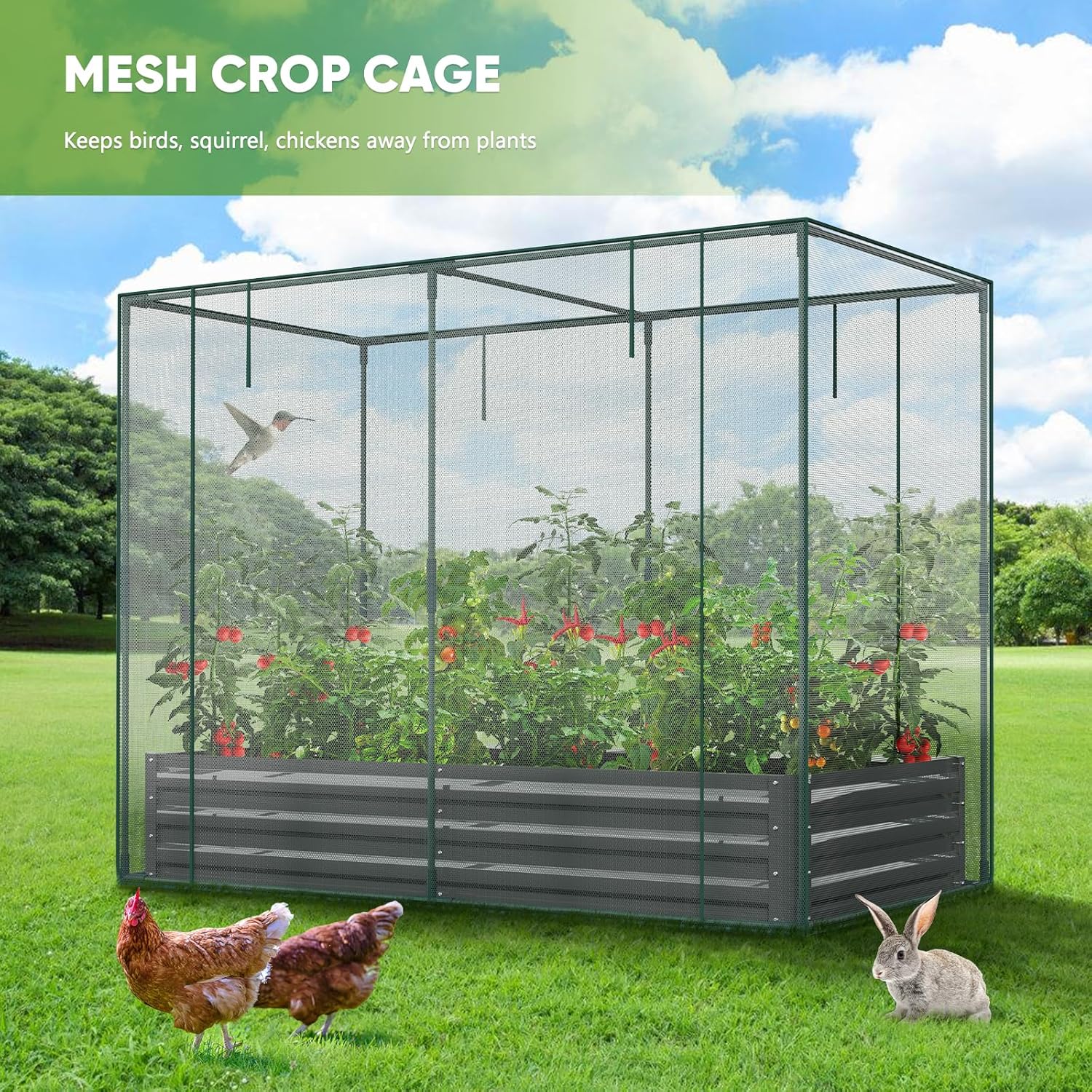 Slsy Galvanized Raised Garden Bed Kit w/Crop Cage Anti-Bird Netting Mesh Cover, 71" x 35.4" x 59" Large Metal Outdoor Planter Garden Boxes w/ 2 Roll-up Zippered Doors, for Vegetables Herbs Flowers