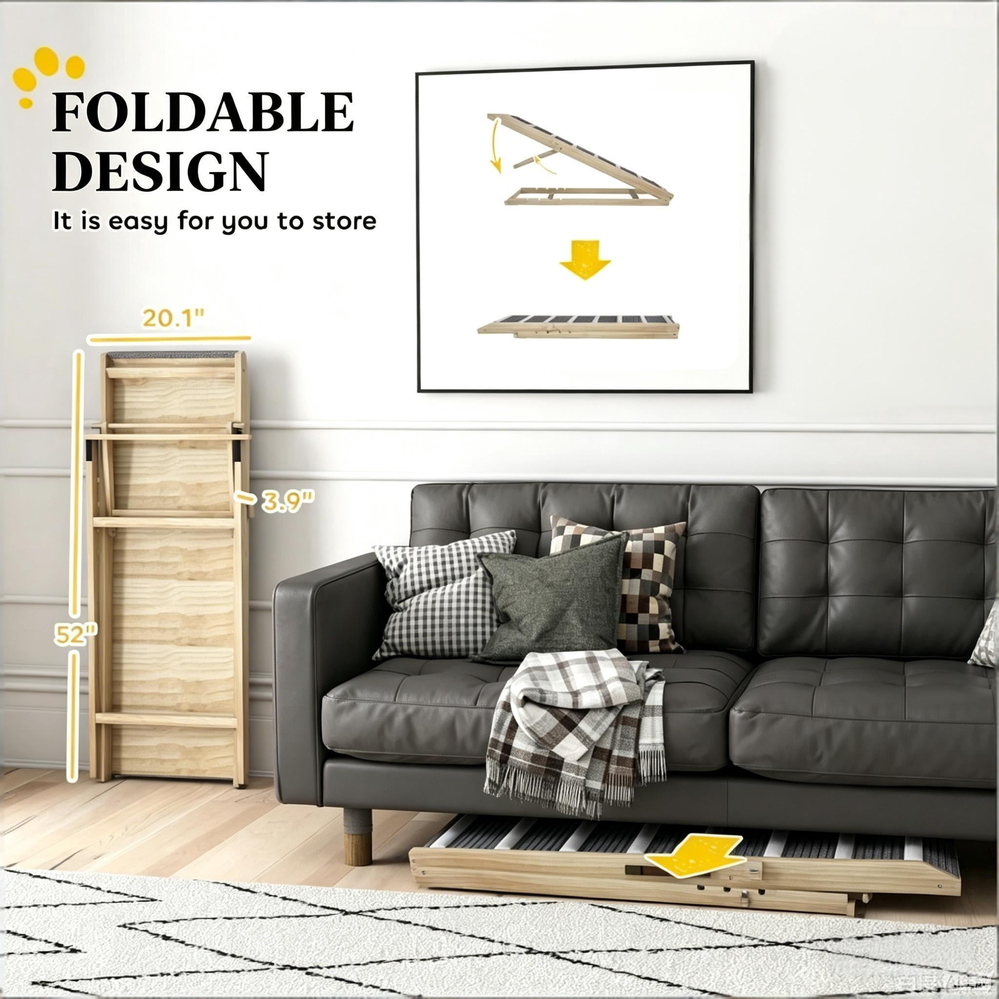 Foldable Pet Ramp for Dog & Cat, 4 Adjustable Height, Solid Pine Wood Pet Ramp with 900GSM Non-Slip Carpet, Portable Gentle Incline Climbing Ramp for Bed Sofa Car, Supports Up to 110 lbs
