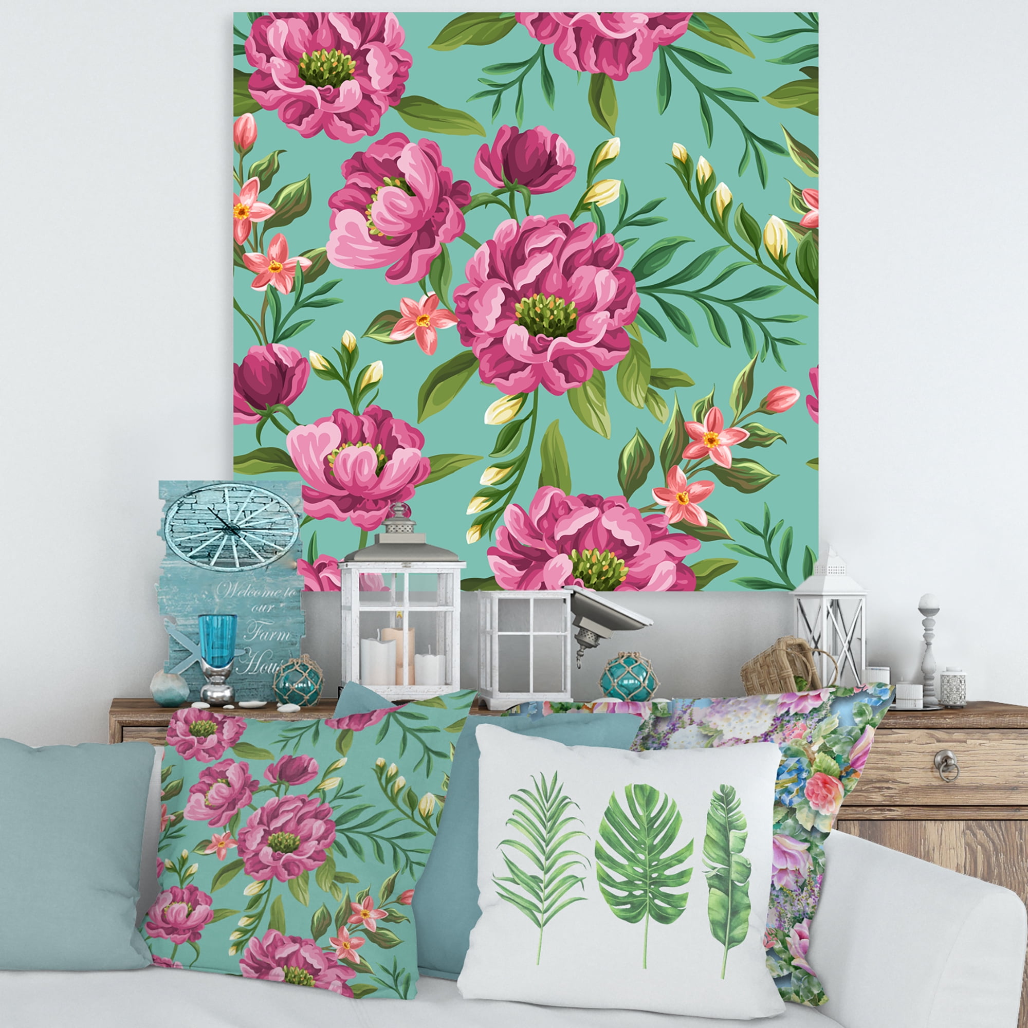 Designart ' Fuchia Pink Flowers On Green VIntage ' Traditional Canvas Wall Art Print