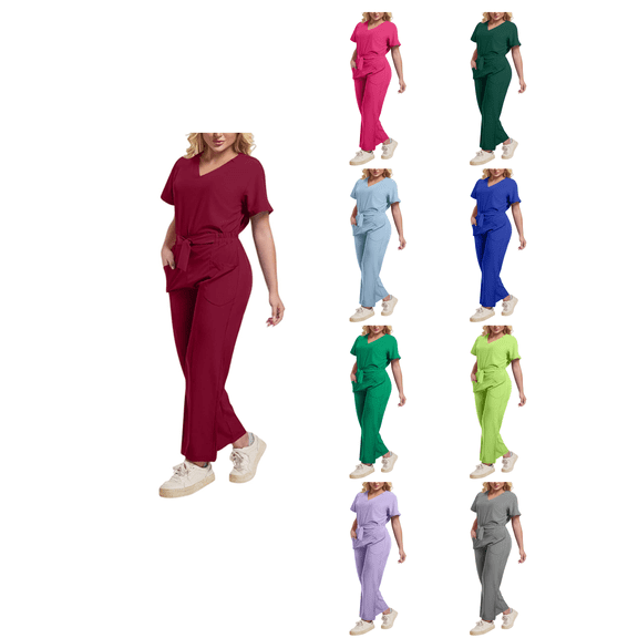 Busydd Scrubs for Women Set V Neck Short Sleeve Scrub Top and Wide Leg Pants Comfy Casual 2 Piece Solid Color Uniform Workwear S