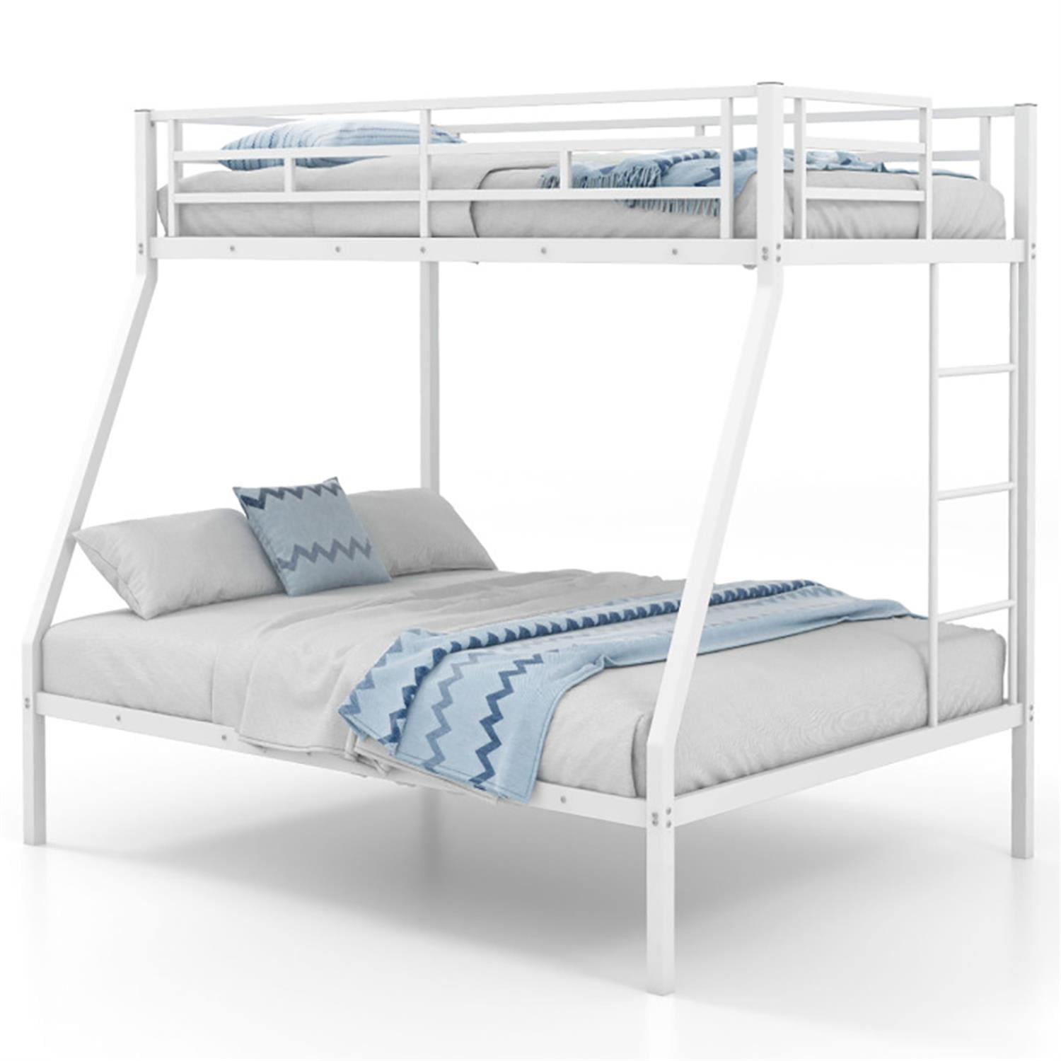 Demi Bonn Twin Over Full Bunk Bed with Safety Rail and Ladder, Twin Bunk Beds, Space-saving Metal Slatted Bed Frame, No Box Spring Needed, White