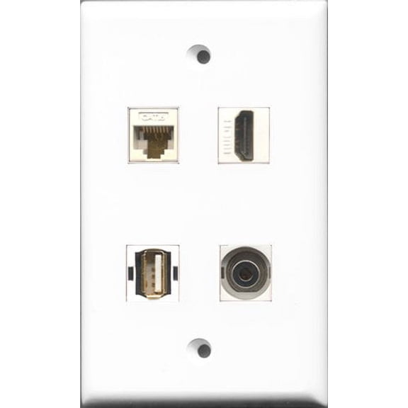 RiteAV 1 Port HDMI and 1 Port USB A-A and 1 Port 3.5mm and 1 Port Cat6 Ethernet White Wall Plate