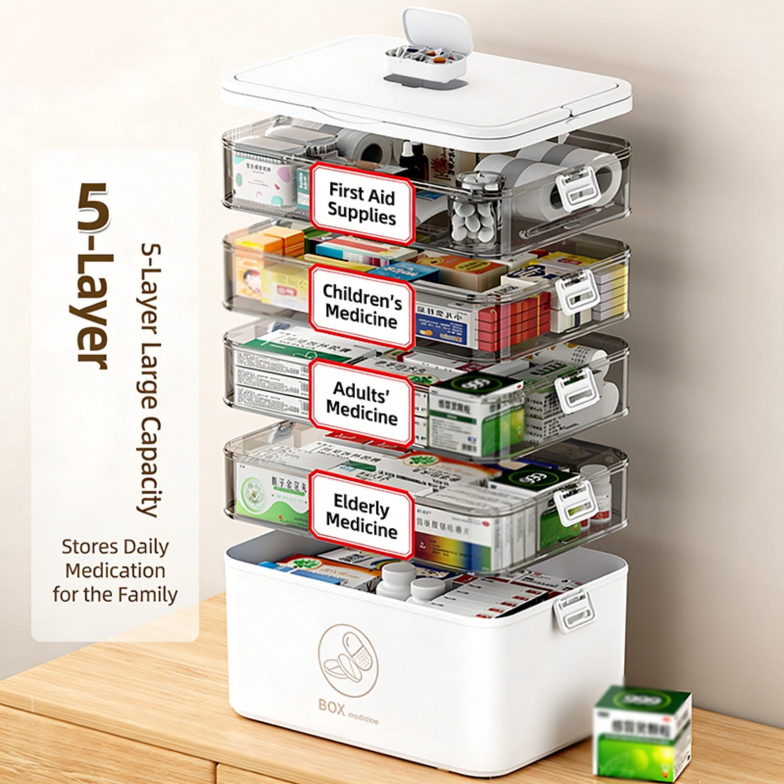 Asnews 5-Tier Large Medicine Organizer Box With Free Travel Pill Case – Portable First Aid Kit, Clear Medicine Storage With Handle & Secure Latch For Home (Extra Large Capacity)