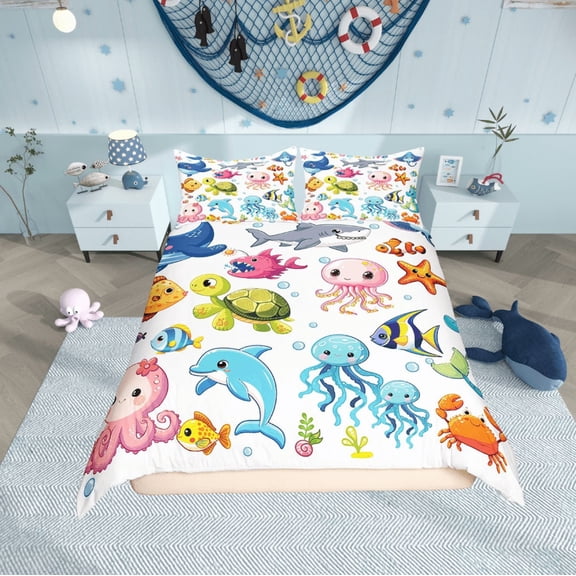 Erosebridal Sea Turtle Jellyfish Comforter Cover Twin,Animal Dolphin Bedding Twin Size,Ocean Widlife Duvet Cover Twin,Breathable Teen Bedroom Decor,2-Piece(No Comforter)