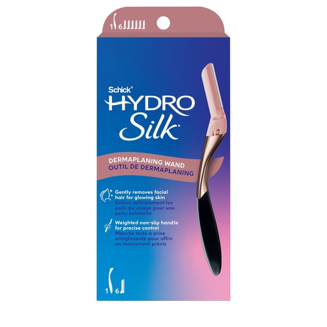 Schick Hydro Silk Dermaplaning Wand, herramienta dermataplaning con 6 cuchillas de recambio, herramienta de cuidado de la piel de estilo profesional