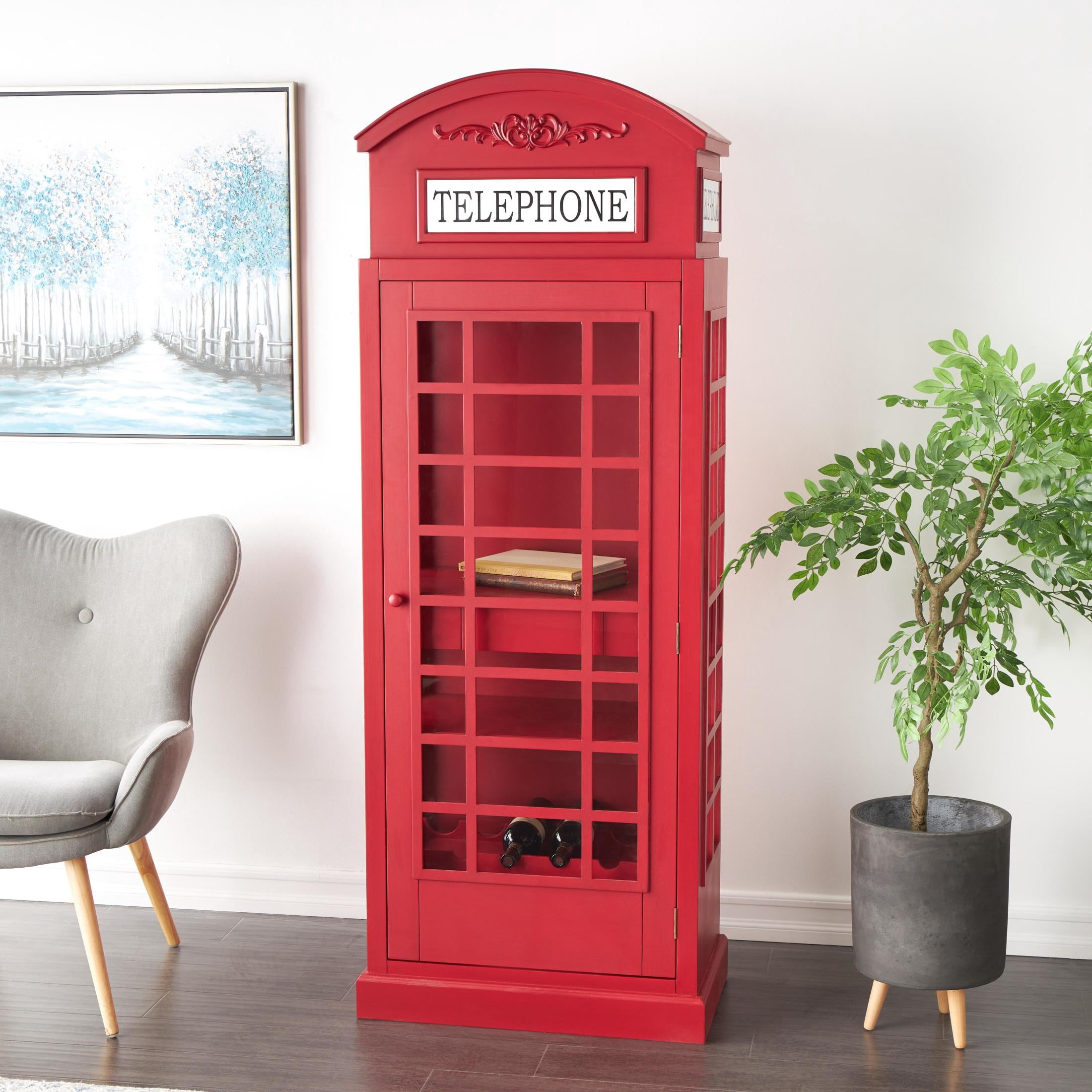 DecMode 26" x 74" Red Wooden 2 Shelf and 6 Bottle Vintage London Booth Telephone Standing Wine Rack, 1-Piece