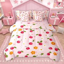 Manfei Kawaii Cherry 7 Pieces Bedding Comforter Set,Cute Cartoon Daisy Full Bedding Set,Pink Red Orange Fitted Sheet Flat Sheet For Children,Breathable Home Decor Reversible