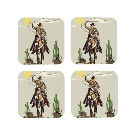 

Fuzoiu Vintage Cowboy Riding Horse Print Leather Coasters Set Drink Coasters Set of 4 for Tabletop Protection Durable PVC Coasters Home Décor and Housewarming Gift-Square