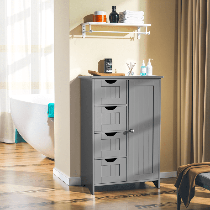 Lacoo Bathroom Storage Cabinet with 4 Drawers, Side Storage Organizer with 1 Cupboard and 2 Shelves Freestanding Cabinet, Gray