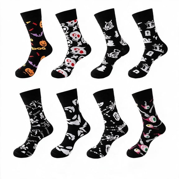 8 Pairs Halloween Horror Skull Ghost Print Crew Socks, Spooky Gothic Mid Calf Socks, Plus Size Unisex Men Women Casual Long Socks For Autumn Winter Halloween Party