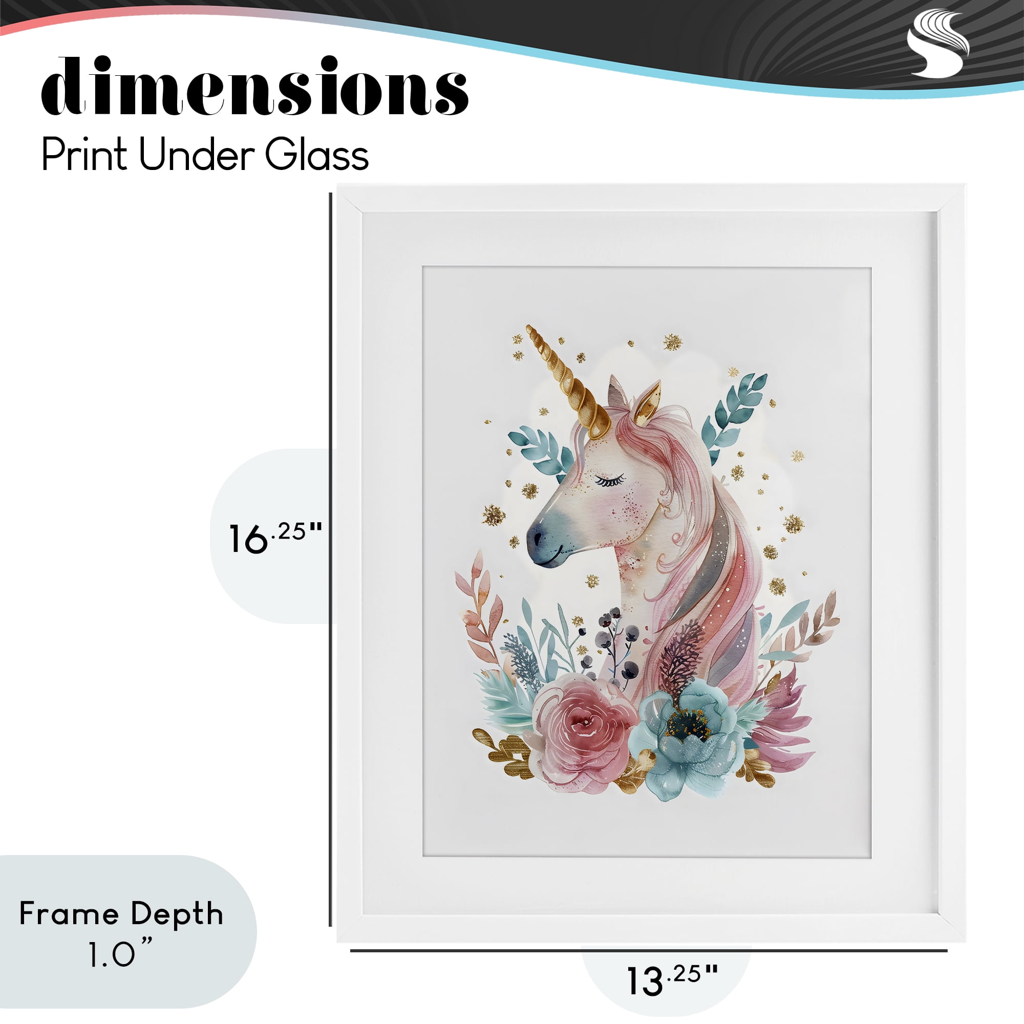 Stupell Industries Floral Unicorn with Gold Details White Framed Print Under Glass, design by LSR Design Studio