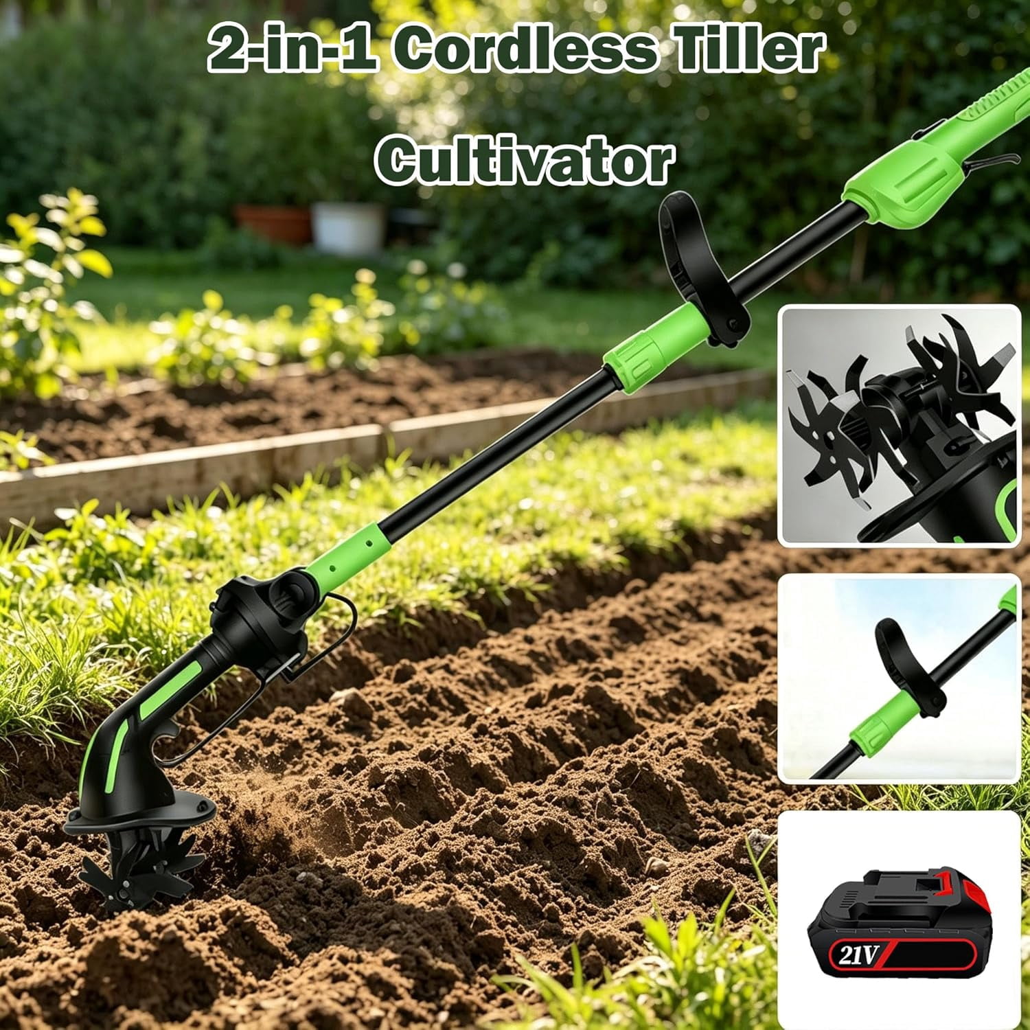 2-in-1 Cordless Tiller & Cultivator with Extension Pole, Rechargeable Garden Rototiller, Lightweight Handheld Soil Cultivator for Lawn, Yard, Flower Beds & Vegetable Gardens (Battery x2-Pole)