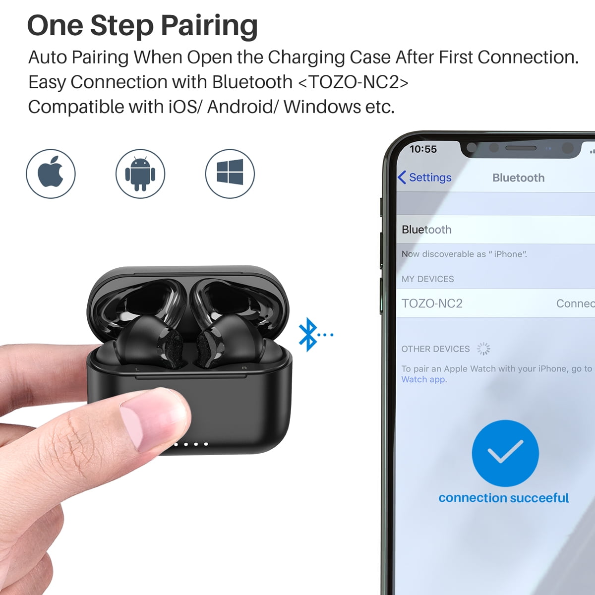 TOZO NC2 Noise Cancelling Earbuds Wireless, Bluetooth in-Ear Detection Headphones, 42H Play, ENC Mic Clear Calls, Stereo Bass, IPX6 Waterproof, Transparency Mode, Wireless Charging, One-Step Pairing