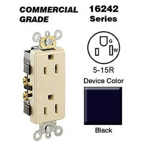 Leviton 16242-E Decora Duplex Receptacle Commercial Grade 5-15R 15A 125V Side Wired - Black