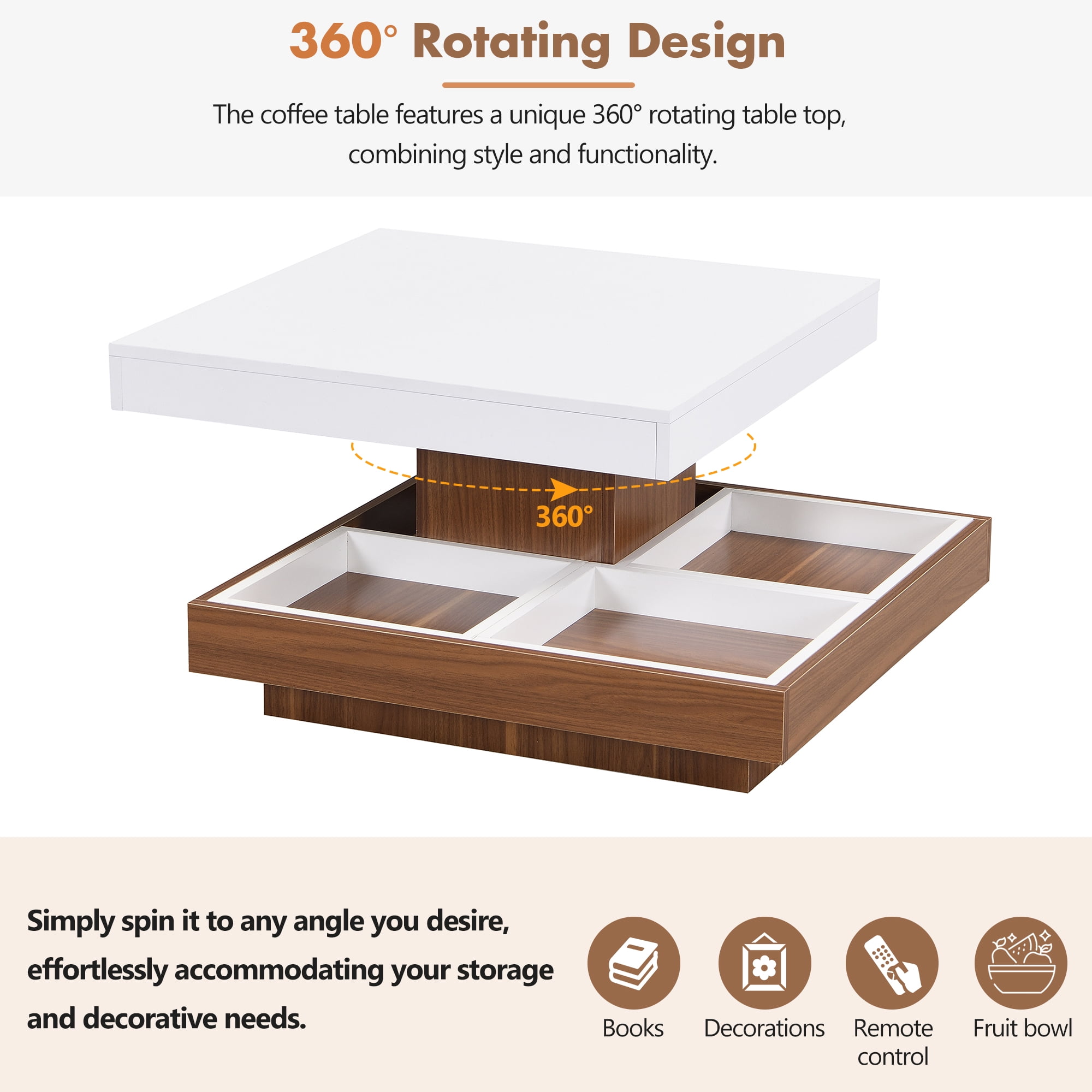 MAYEERTY Modern Square 360° Rotating Coffee Table with Three Detachable Trays, 2-Tier Farmhouse Wood Center Table with Storage for Living Room, White, 27.5*27.5in