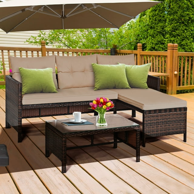 Gymax Ensemble de Meubles en Rotin 3 Pcs pour Patio Extérieur Canapé Sofa Ensemble en Osier