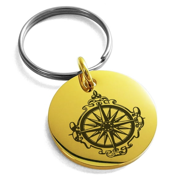Stainless Steel Nautical Antique Royal Compass Engraved Small Medallion Circle Charm Keychain Keyring