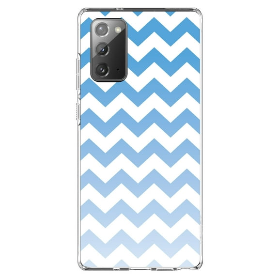 DistinctInk Clear Shockproof Hybrid Case for Samsung Galaxy Note 20 (6.7" Screen) - TPU Bumper, Acrylic Back, Tempered Glass Screen Protector - White Blue Fade Ombré Stripes