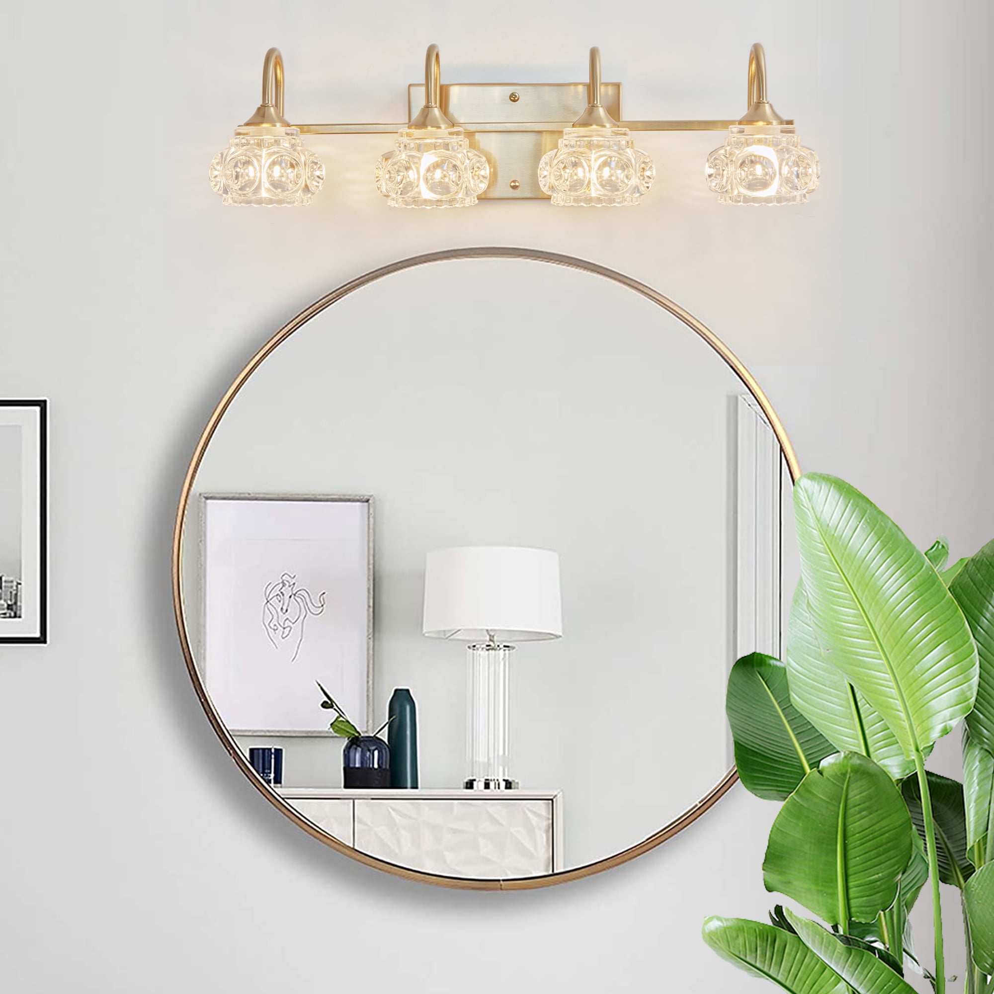 HomArltek 23" 4-Light Vanity Light, Crystal Glass Shade Wall Sconce, Modern Bathroom Mirror Light with Gold Finish, Hardwired Vanity Lighting Fixture for Bathroom Bedroom Dressing Table(No Bulbs)