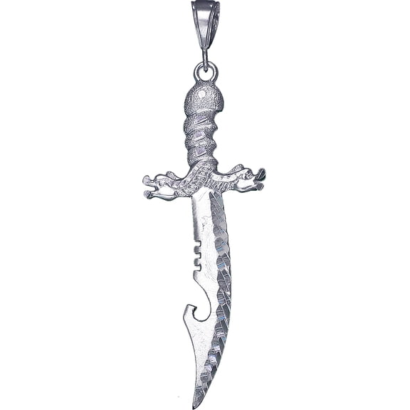 Large Sterling Silver Dragon Sword Charm Pendant Necklace 7.4 Grams 3.2 Inches with Diamond Cut Finish and 24 Inch Figaro Chain