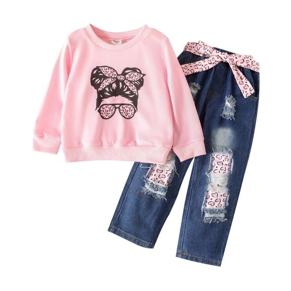 PatPat Toddler Girls Clothes 2Pcs Sweatshirts Outfits for Girls Trendy Patchwork Ripped Denim Jeans and Figure Print Sweatshirt Set, Clearance, 2T