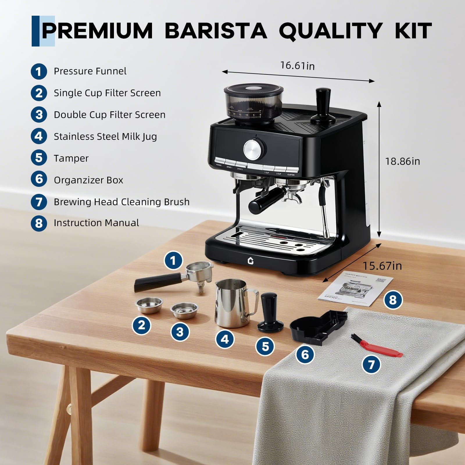 Soonbuy 20 Bar Pressure Espresso Machine, with Grinder & Milk Frother, 1.5L Removable Tank, Adjustable Shot Volume, Professional Stainless Steel Coffee Maker, for Home and Office