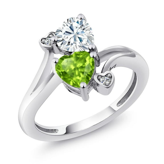 Gem Stone King 925 Sterling Silver White Moissanite Green Peridot and White Diamond Ring for Women (1.60 Cttw, Heart Shape 6MM, Gemstone Birthstone, Size 9)