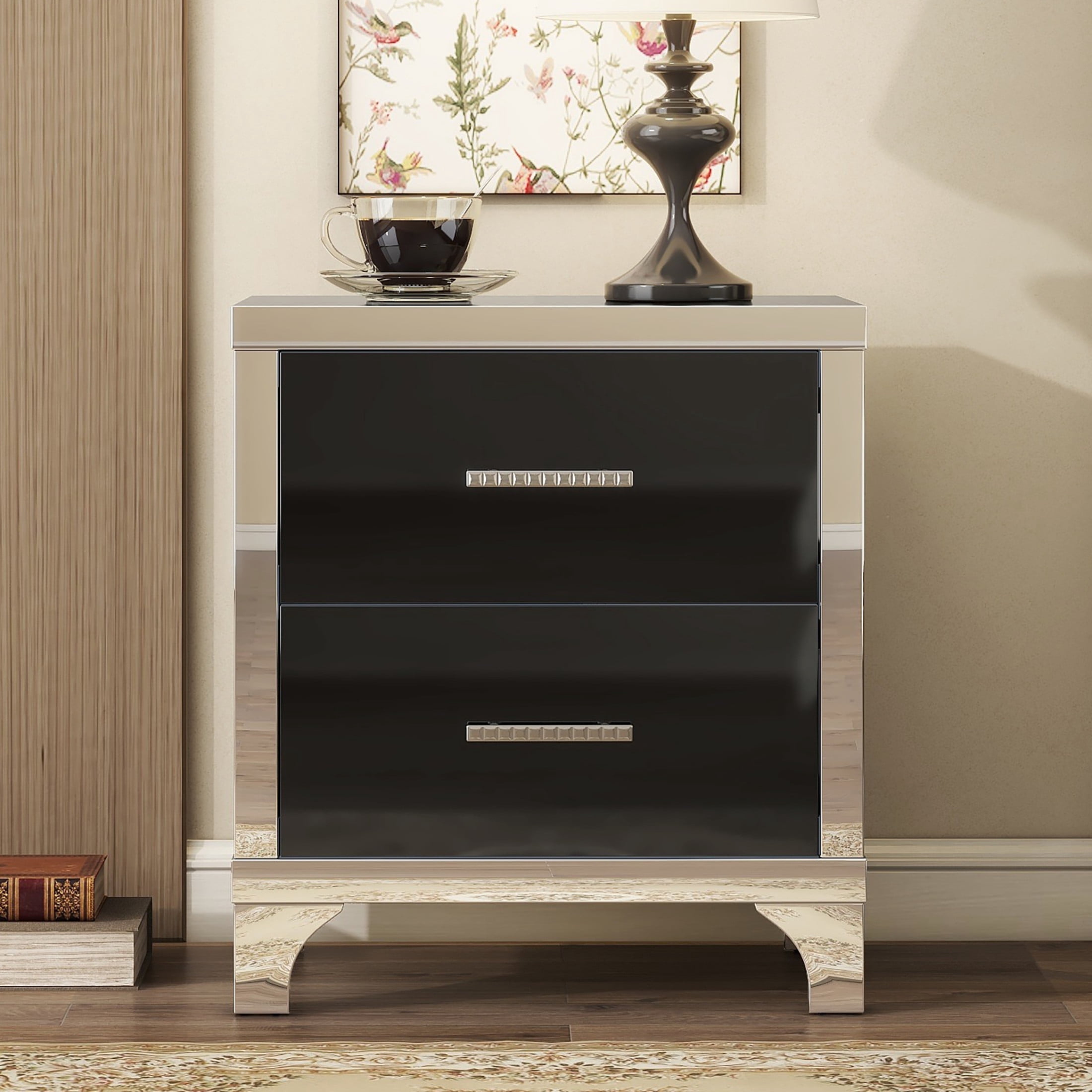 Noble House High Gloss Nightstand with 2 Drawers, Mirrored Bedside Table with Metal Handles, Black