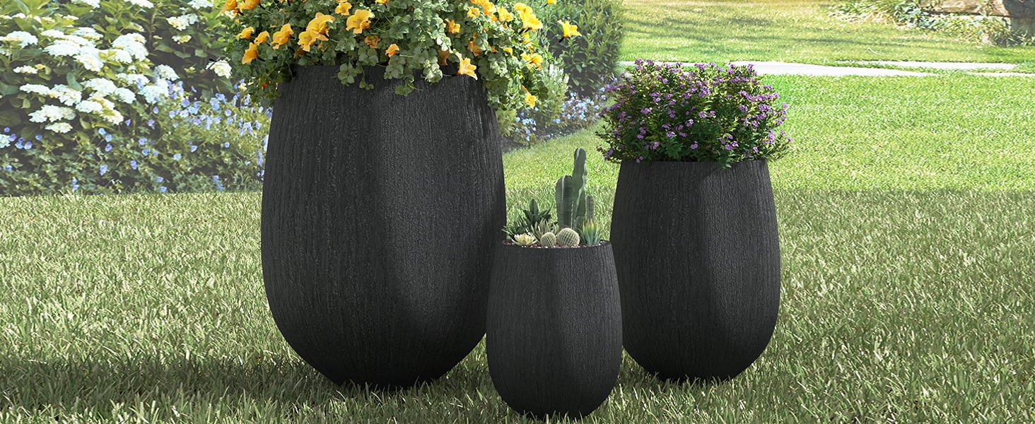 Mintazer Modern Planter Set of 3, 15.6"/10.8"/7.3" Stackable Flower Pots with Drainage Holes, Stone-Look Textured Decorative Plant Pots for Indoor & Outdoor, Black