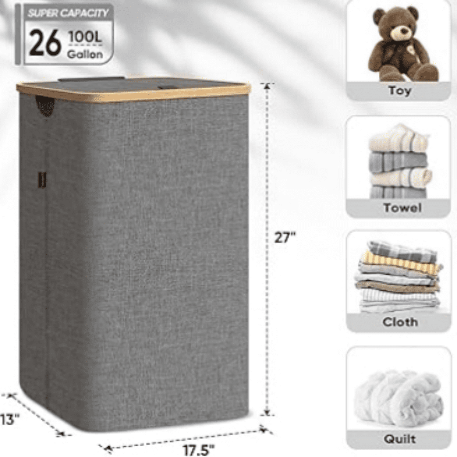 Laundry Hamper with Lid, Tall Laundry Baskets with Bamboo Pull Handles, Large Laundry Bin with Internal Support (26 Gal/100L, Grey)