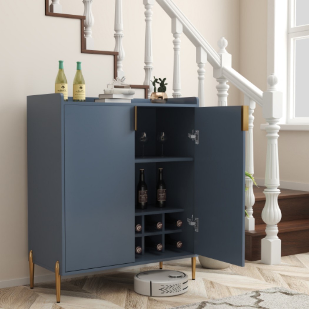 Wine Bar Cabinet, 2-Door Liquor Cabinet with 12-Bottle Wine Rack, Adjustable Shelf & Soft-Close Hinges, Sideboard Buffet Cabinet for Dining Room, Kitchen & Living Room, Blue
