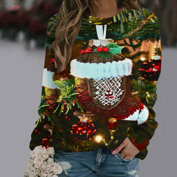 WXLWZYWL Womens Christmas Sweatshirts Cute Xmas Ugly 3D Graphic Print Sweaters Oversized Long Sleeve Round Neck Pullover Tops