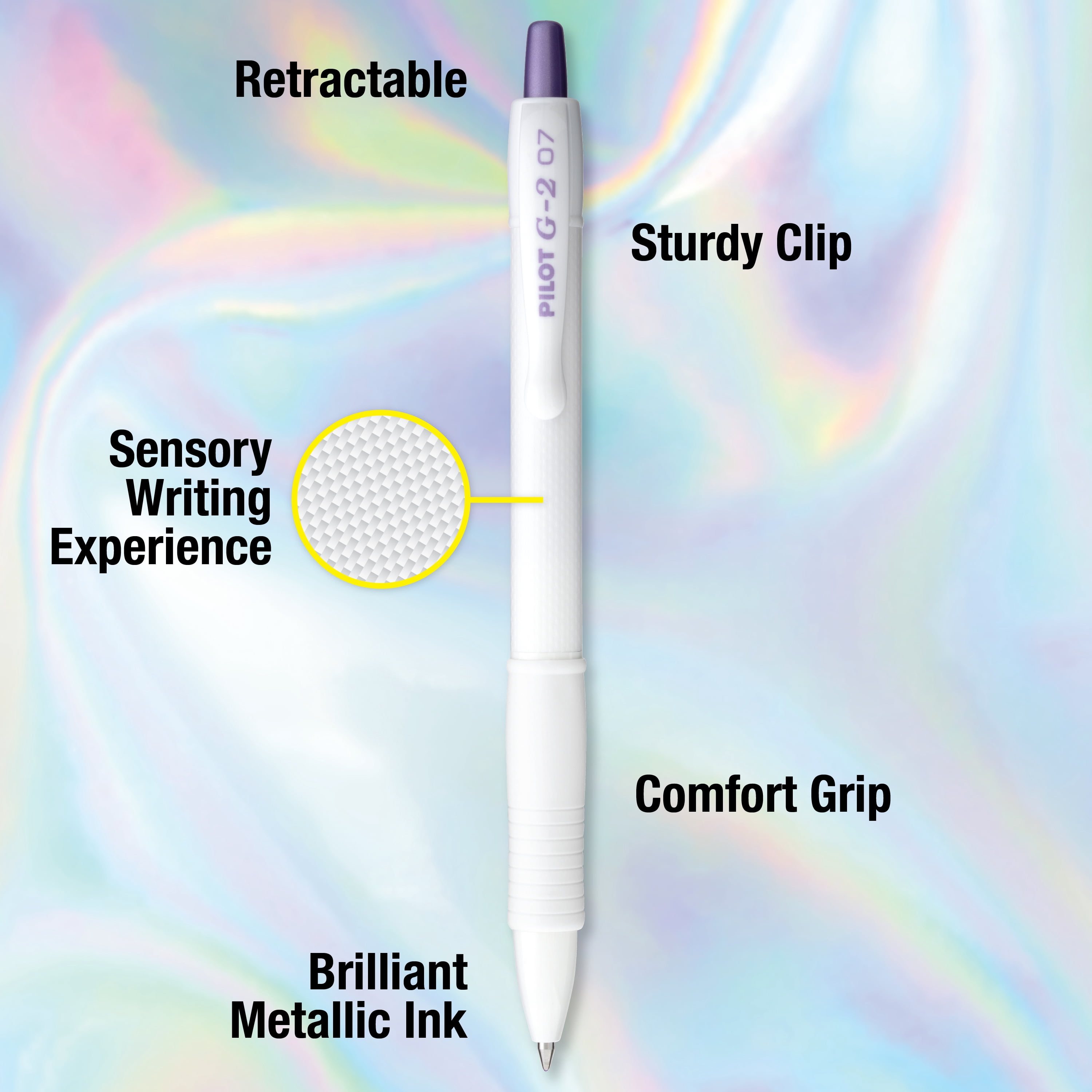 Pilot G2 Edge White Premium Gel Pens, Retractable, Fine Point, 0.7mm, Assorted Metallic Colors, 5 Count