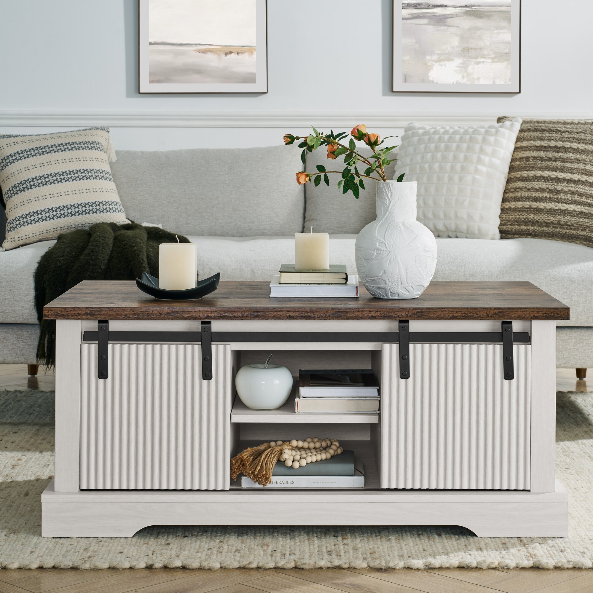 DEALTOPS Rustic Farmhouse Coffee Table with Sliding Barn Doors, Modern Accent Furniture, Antique White