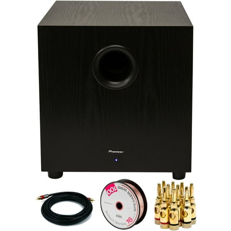 Pioneer 400W Powered Subwoofer Black (SW-10) with 15FT High-Quality Coaxial Audio/Video RCA CL2 Rated Cable 75ohm, Series 16 AWG Speaker Wire 100ft & High-Quality Brass Speaker Banana Plugs