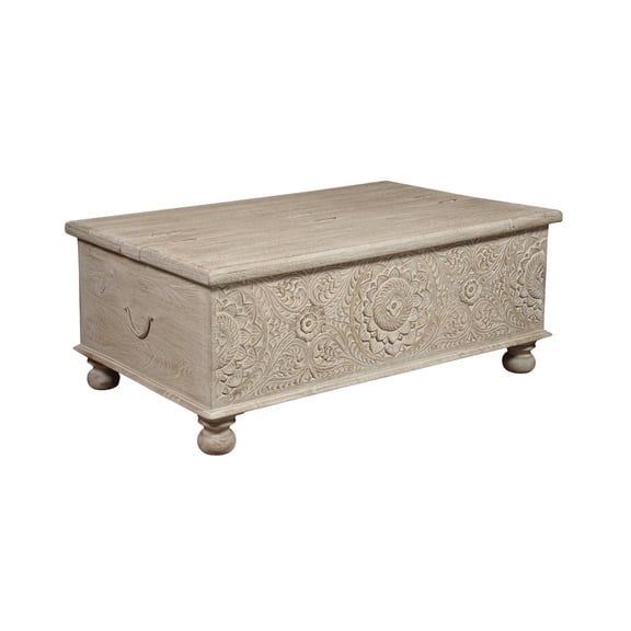 Monte Floral Carved Solid Wood Lift-Top Coffee Table in Weathered White