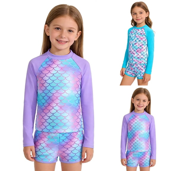 Toddler and Little Girls Swimwear Sets Long Sleeve Rash Guard and Swim Shorts for Sun Swimwear with Scale Print