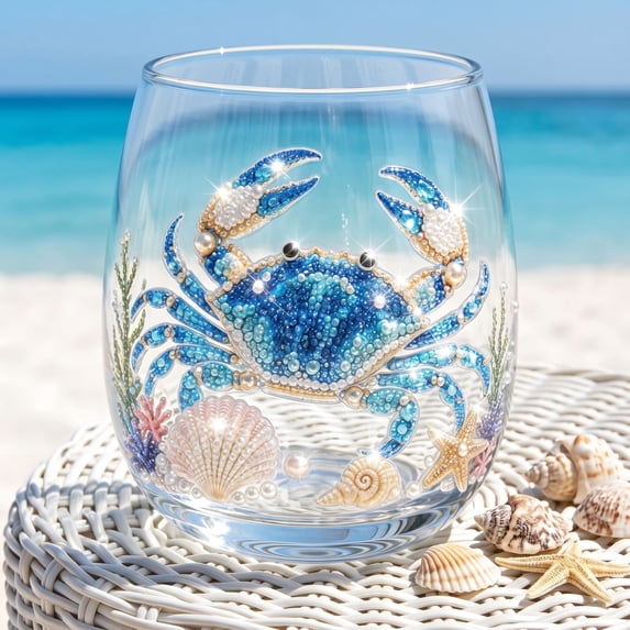 STIJGGN Stemless Wine Glass, Ocean Blue Crab Seashell Starfish Printed Drinking Glass, Summer Coastal Nautical Home Decor Glassware, Holiday Beverage Cup Gift for Beach Lovers