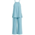 thumbnail image 7 of Mifsaly Linen 2 Piece Set for Women Halter Neck Sleeveless Top and Loose Wide Leg Long Pants with Pockets Flowy Comfortable Travel Vacation Matching Lounge Outfits Light Blue,M, 7 of 7